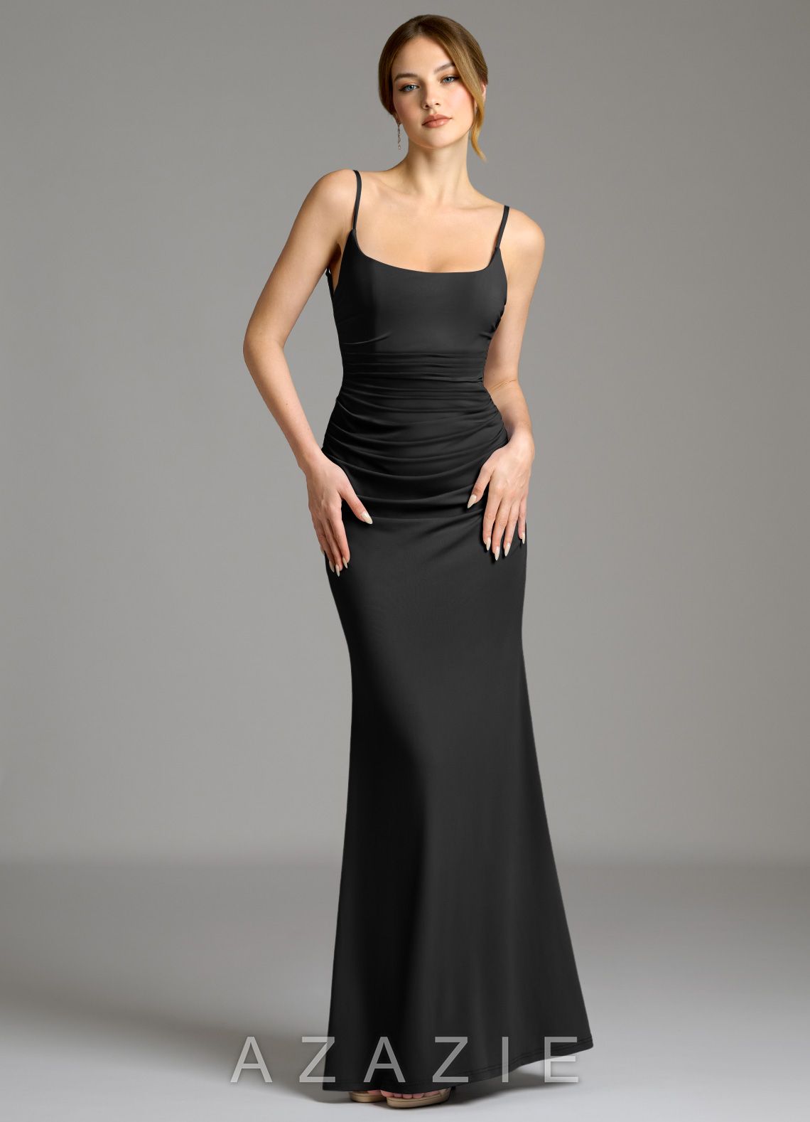 Azazie Jolene Black Mermaid Square Neckline Premium Stretch Jersey Dress