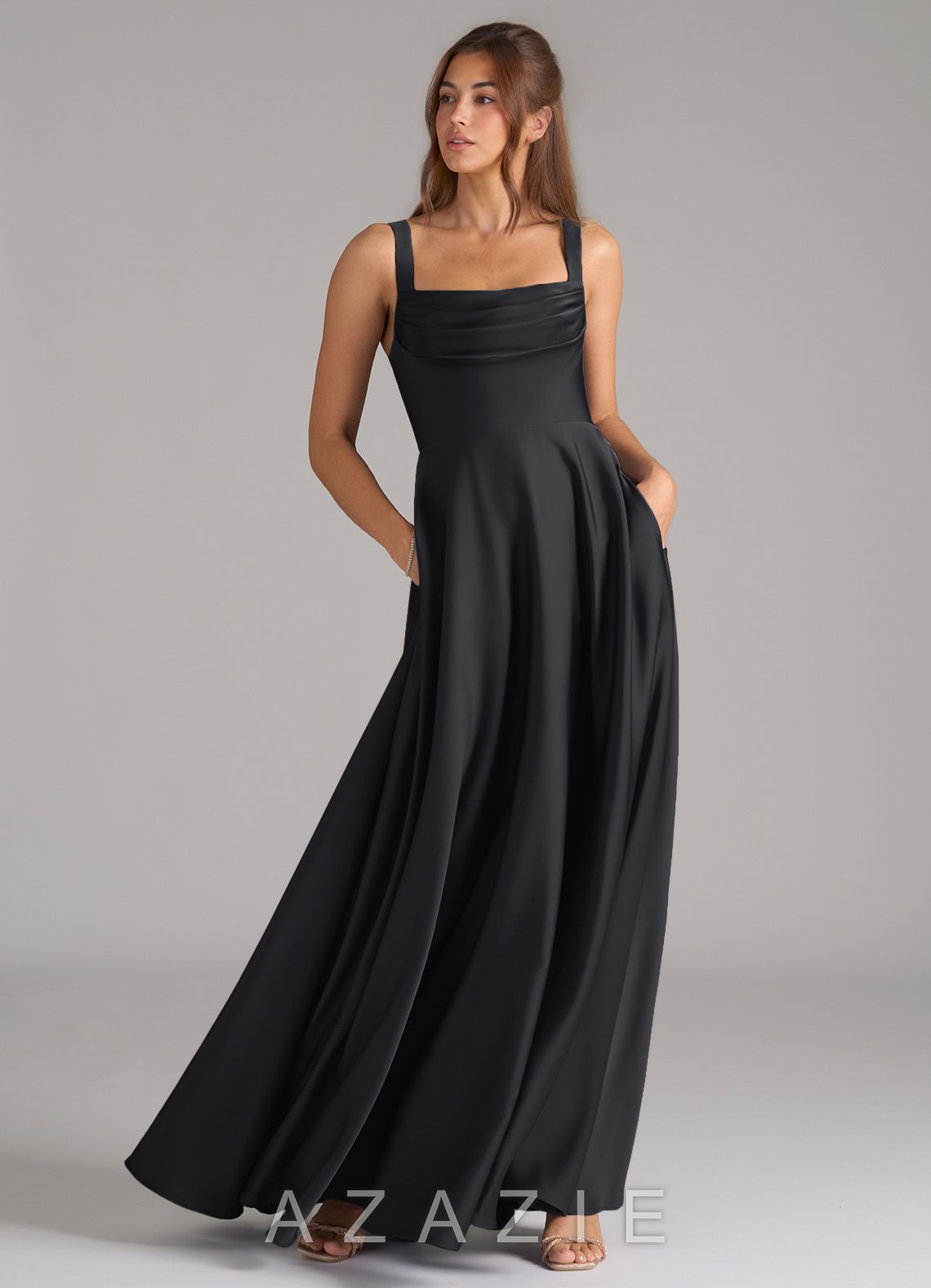 Azazie Shaude Black A-Line Pleated Stretch Satin Dress black