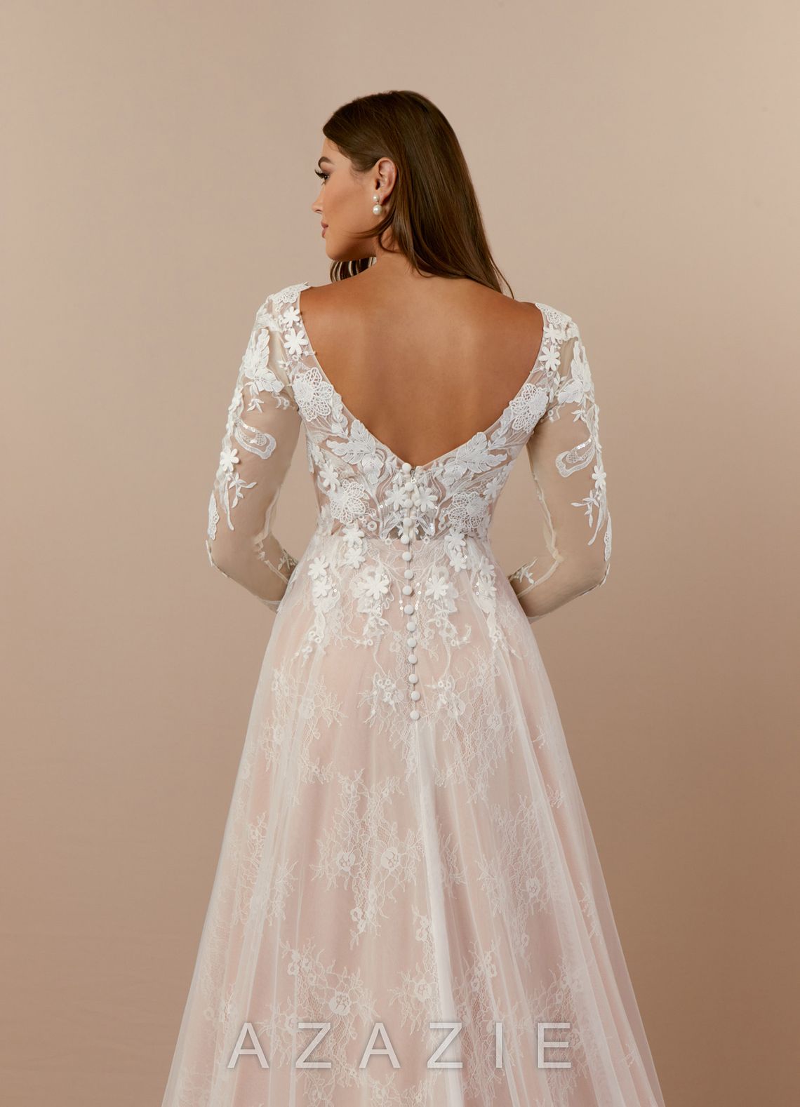 Azazie Leila Wedding Dress Diamond White Nude A-Line V-Neck Sequins Tulle Dress diamond_white/nude