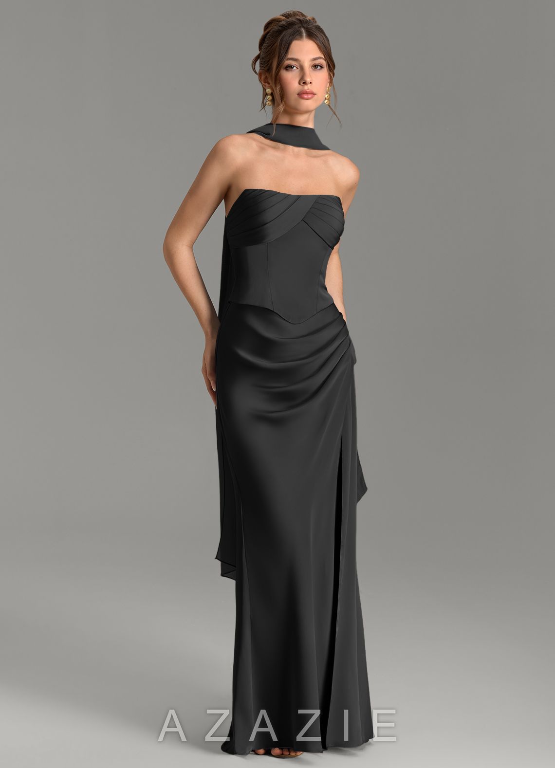 Azazie Nicki Black Sheath Corset Stretch Satin Dress black