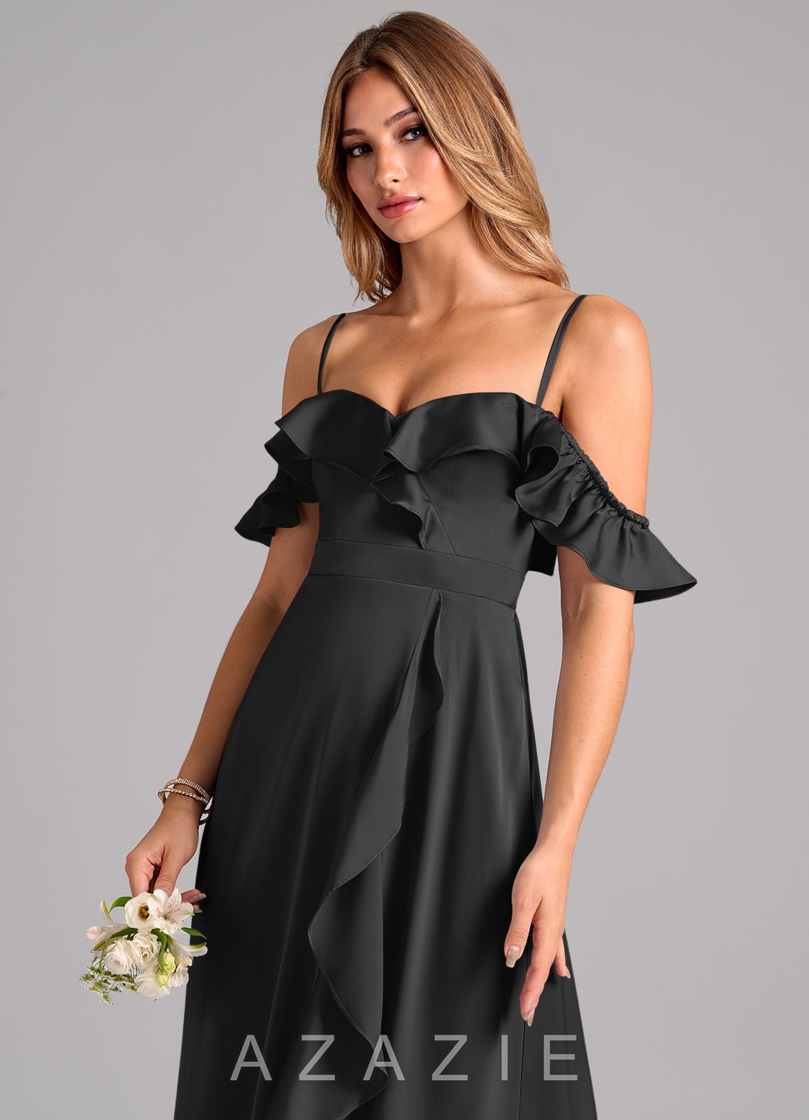 Azazie Lyra Black A-Line Off the Shoulder Stretch Satin Convertible Dress black