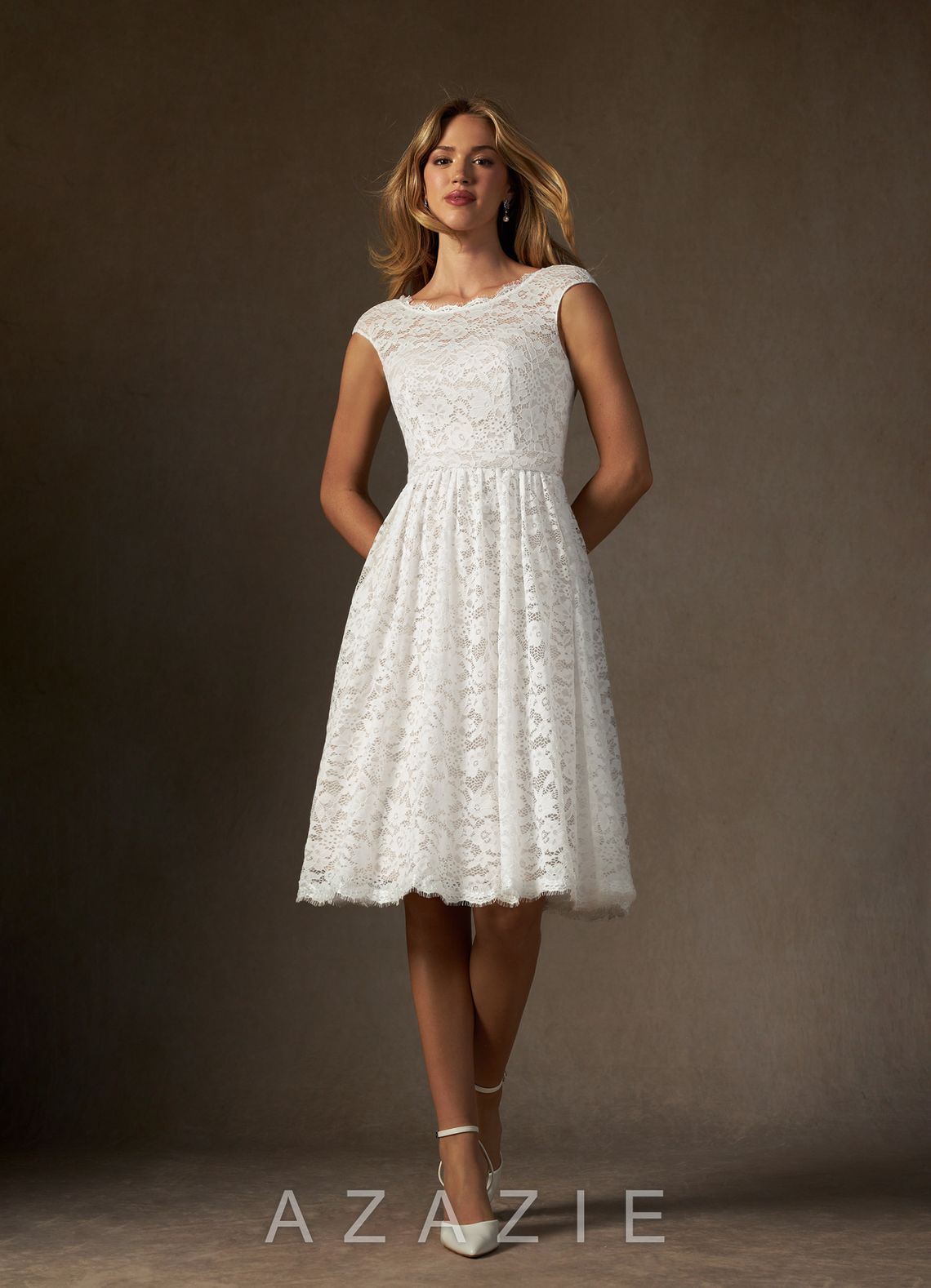 Azazie Ginnie Wedding Dress Diamond White A-Line Lace Dress