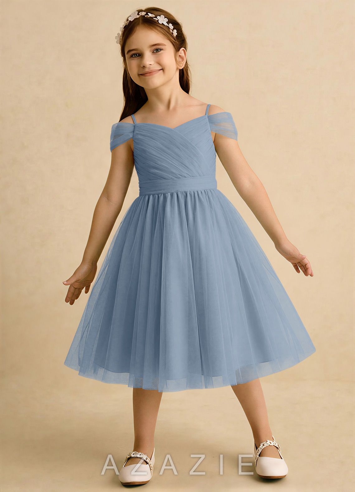 Azazie Lila Girls Formal Dusty Blue A-Line Off the Shoulder Tulle Dress dusty_blue