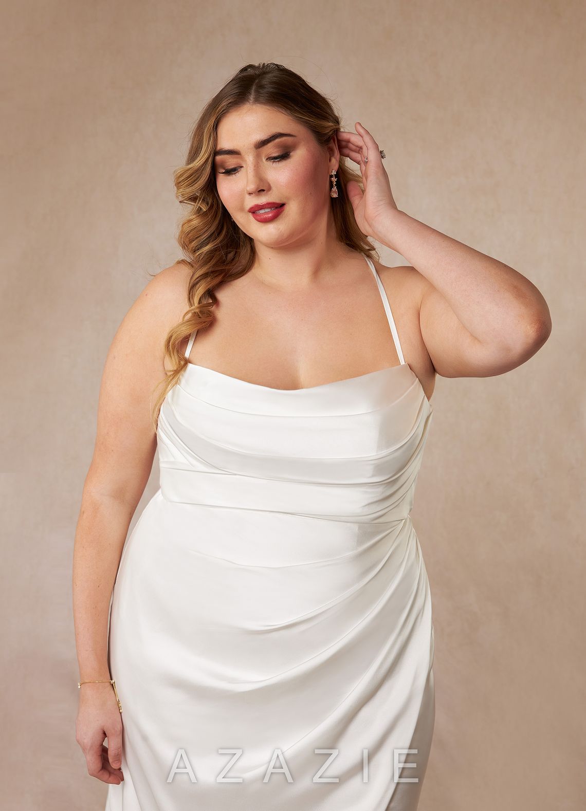 Azazie Kierra Wedding Dress Diamond White Mermaid Pleated Stretch Satin Dress diamond_white
