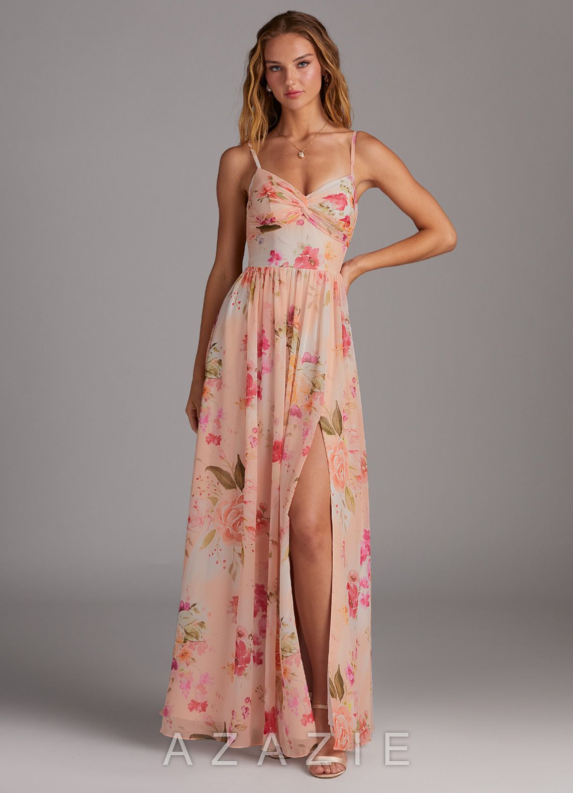 Azazie Zeya Abstract Bouquet Floral A-Line V-Neck Pleated Chiffon Dress