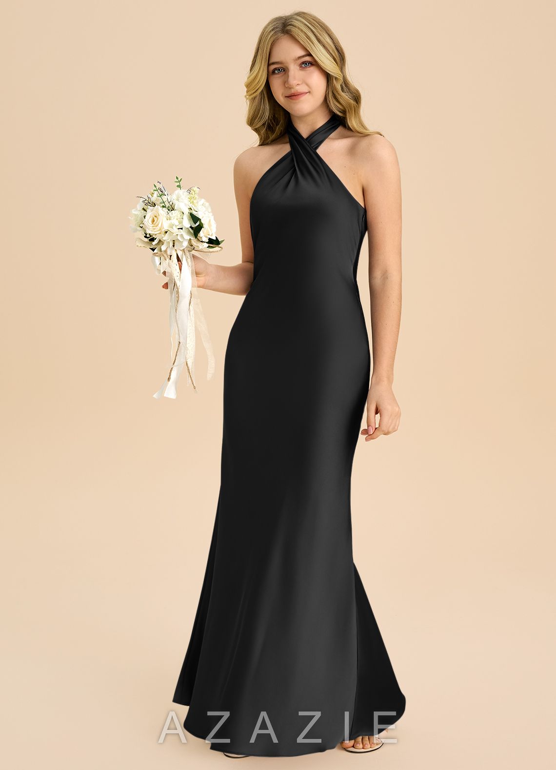 Azazie Chickie Junior Black Sheath Pleated Stretch Satin Dress black