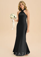 Azazie Chickie Junior Black Sheath Pleated Stretch Satin Dress black