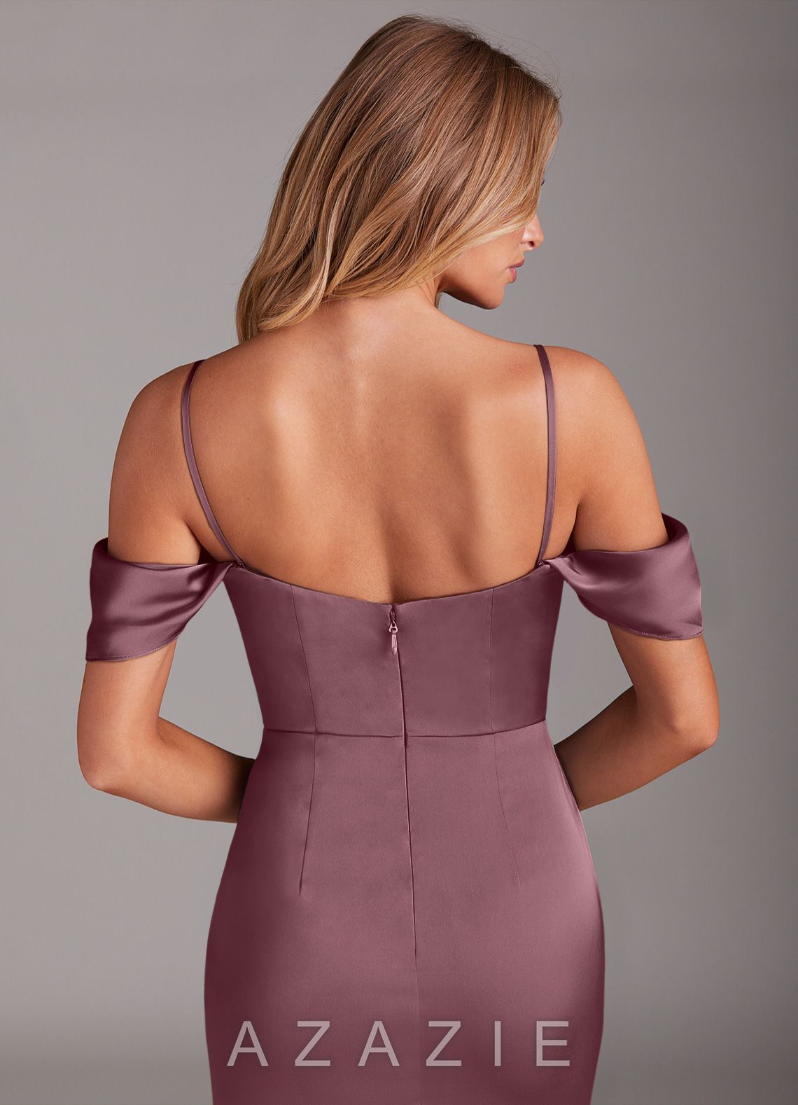 Azazie Saige Amethyst Sheath Off the Shoulder Stretch Satin Dress amethyst