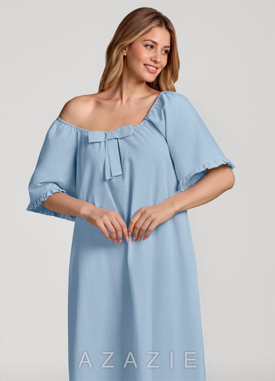 Ruffled Bow Short Sleeve Cotton Pajama Dress  sky_blue