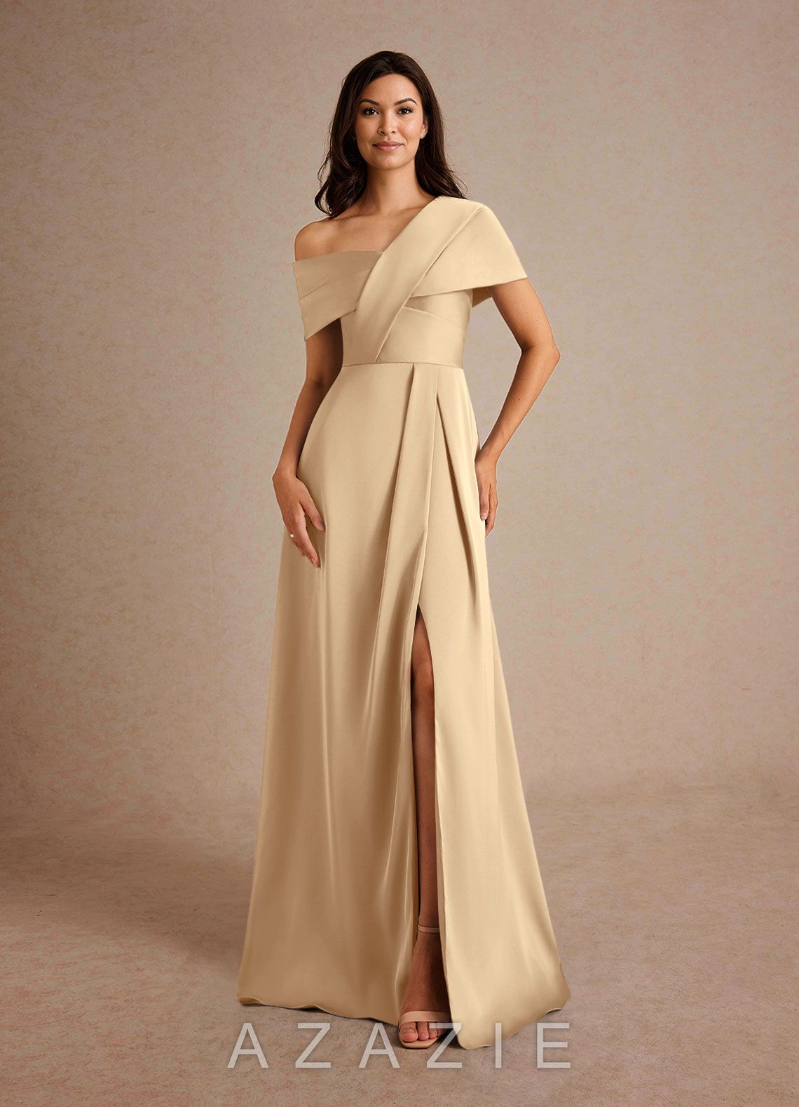Azazie Milton Champagne A-Line Pleated Stretch Satin Dress champagne