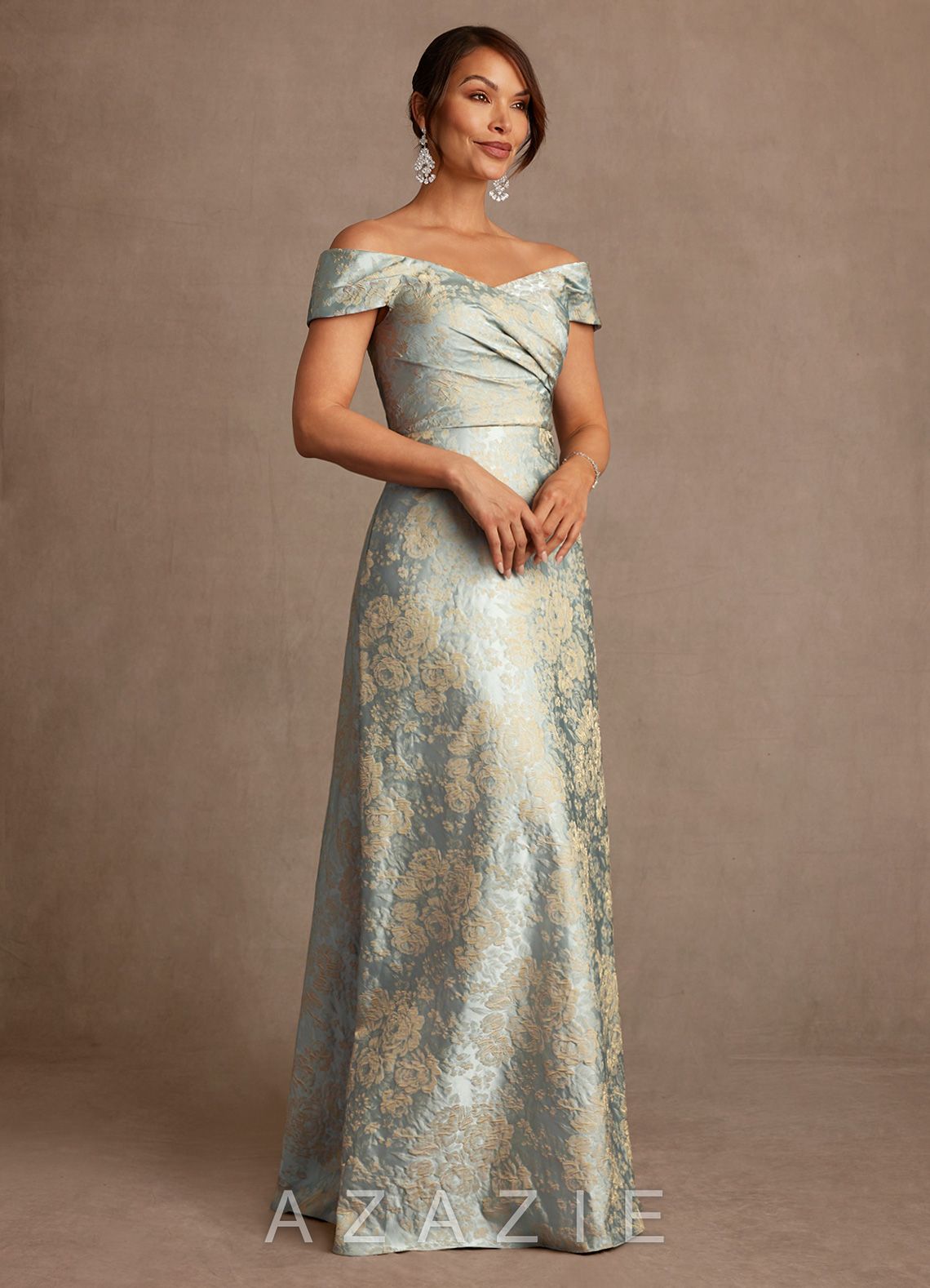 Azazie Beatrix Vintage Blue A-Line Off the Shoulder Floral Jacquard Dress vintage_blue