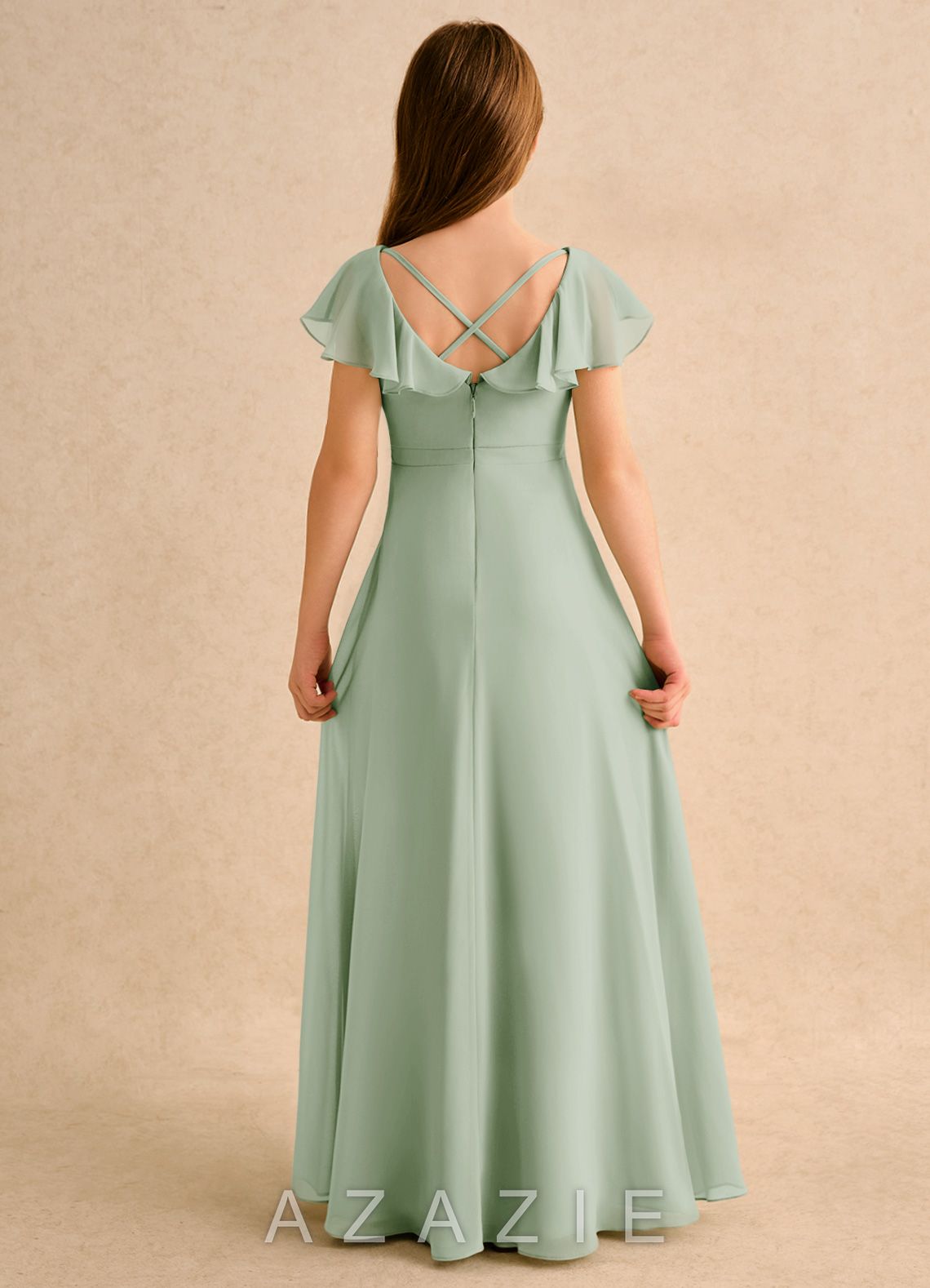 Azazie Nari Girls Formal Dusty Sage A-Line with Sleeves Chiffon Dress dusty_sage