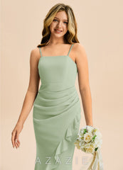 Azazie Buzzy Junior Dusty Sage Sheath Pleated Chiffon Dress dusty_sage