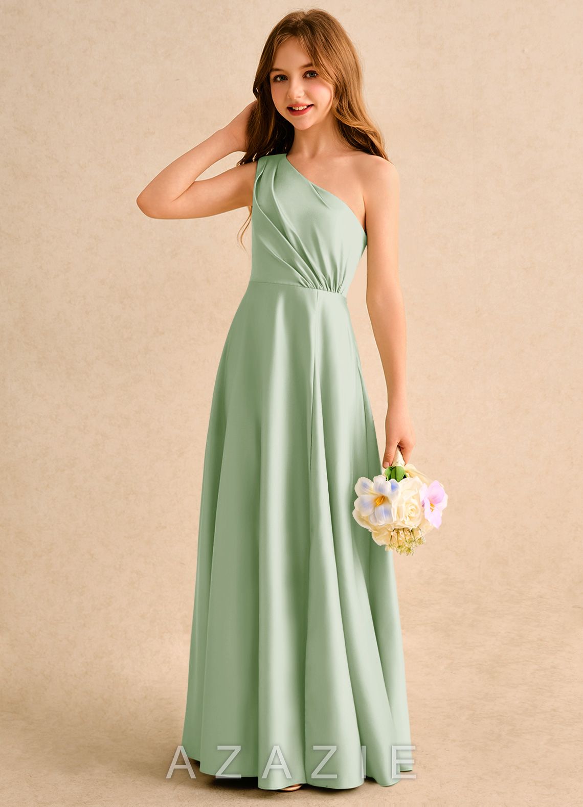 Azazie Puddles Girls Formal Dusty Sage A-Line One Shoulder Matte Satin Dress dusty_sage