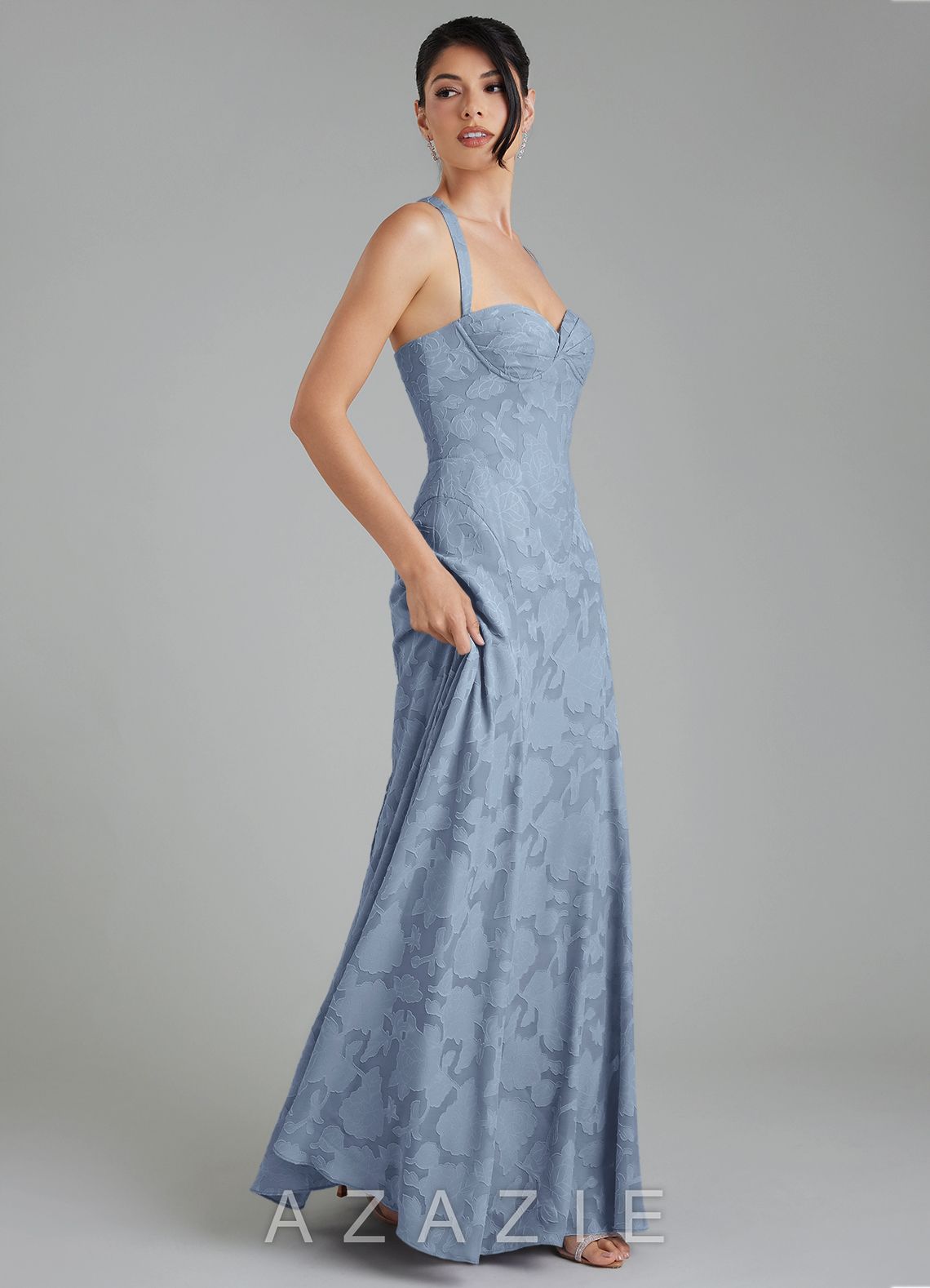 Azazie Bea Dusty Blue A-Line Corset Floral Burnout Dress dusty_blue