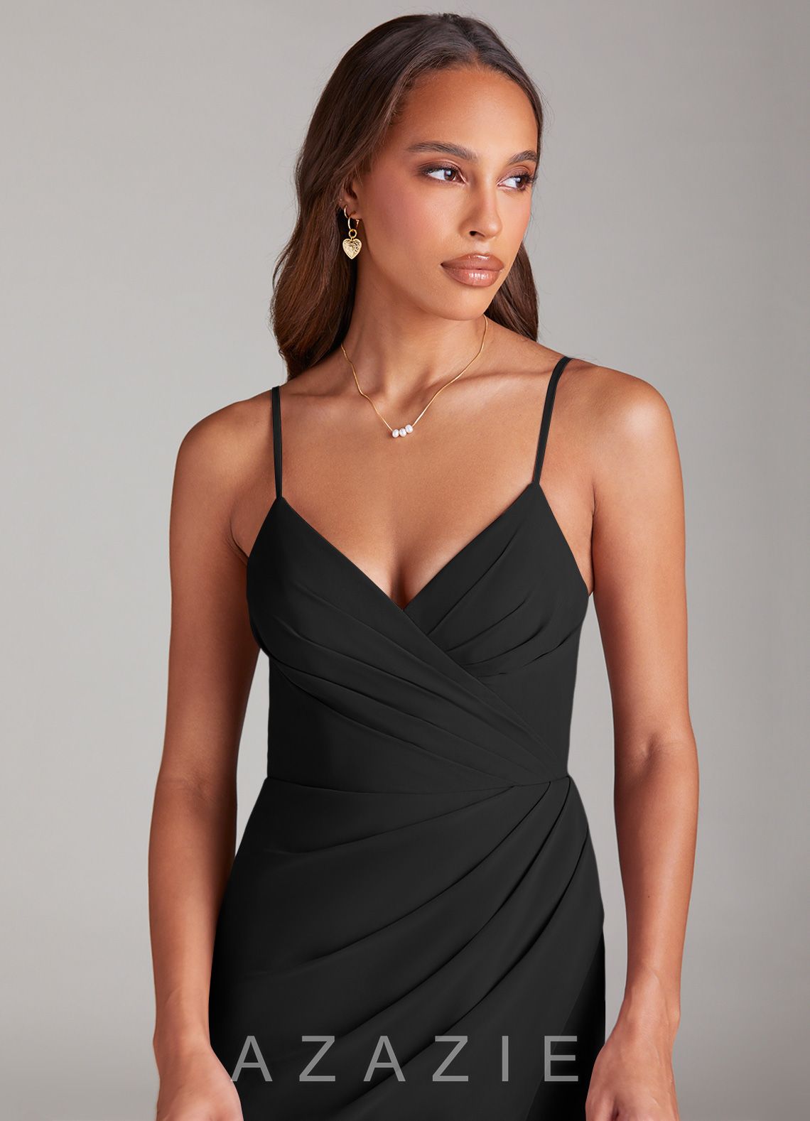 Azazie Maci Black Sheath Pleated Chiffon Dress black