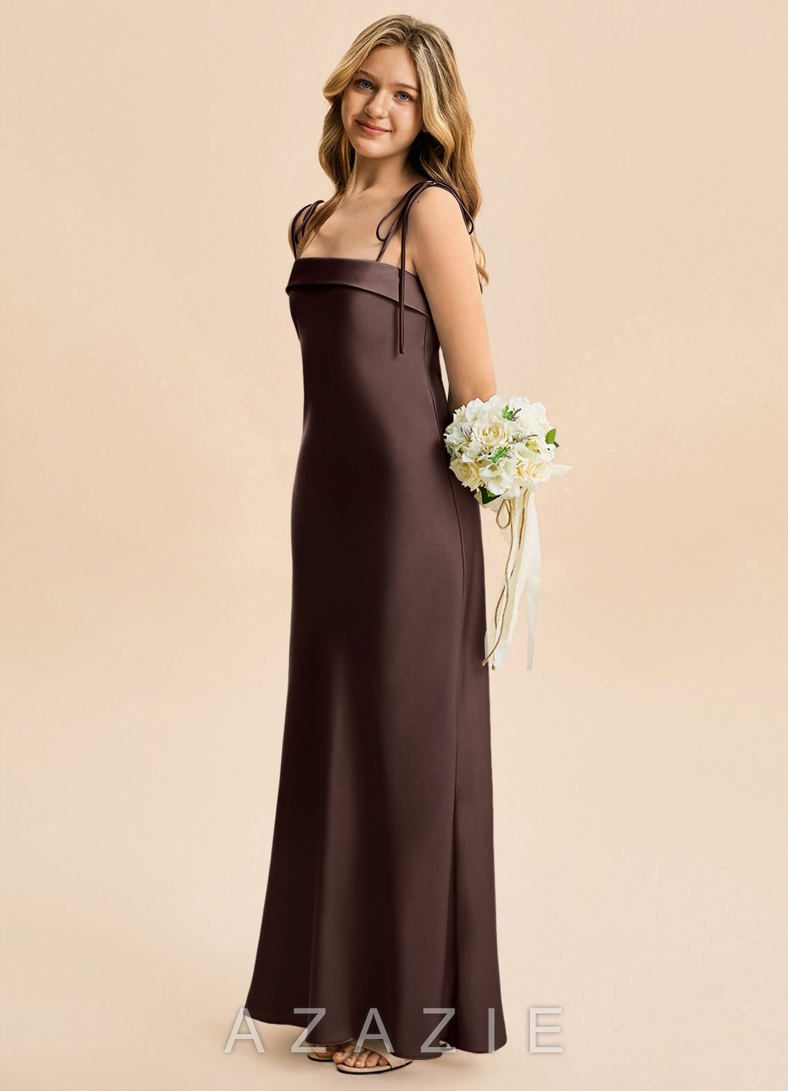 Azazie Willa Junior Ganache Mermaid Bow Stretch Satin Dress ganache
