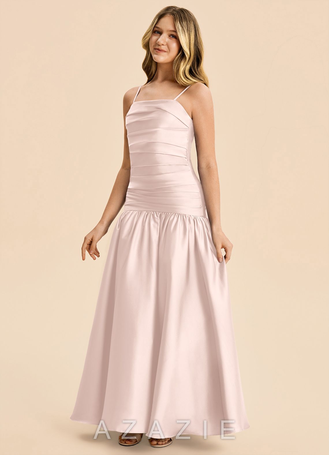 Azazie Romi Junior Blushing Pink A-Line Pleated Stretch Satin Dress blushing_pink