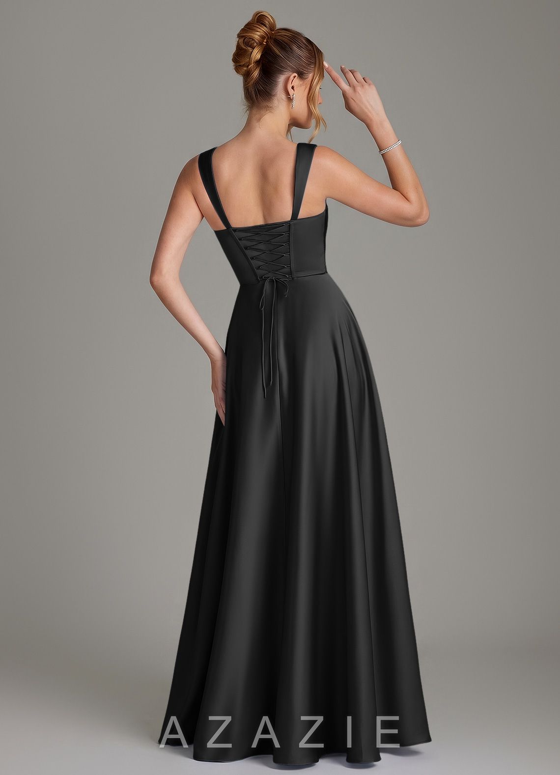 Azazie Azaria Black A-Line Corset Stretch Satin Dress