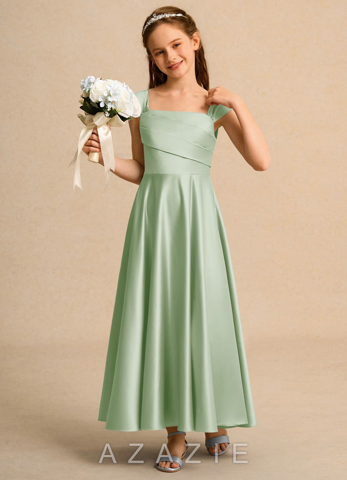 Azazie Bundle Girls Formal Dusty Sage A-Line Pleated Matte Satin Dress dusty_sage
