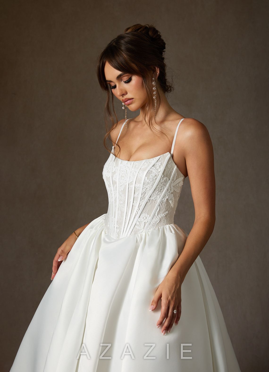 Azazie Mirabeth Diamond White Ball-Gown Strapless Lace Dress diamond_white