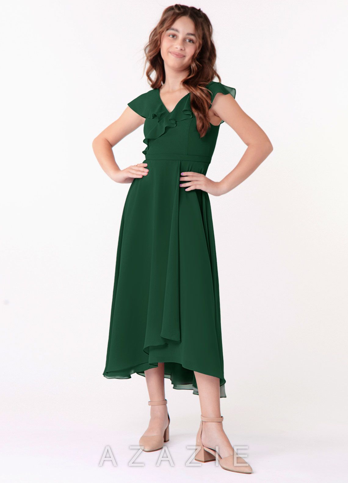 Azazie Posie Junior Dark Green A-Line Ruched Chiffon Dress dark_green