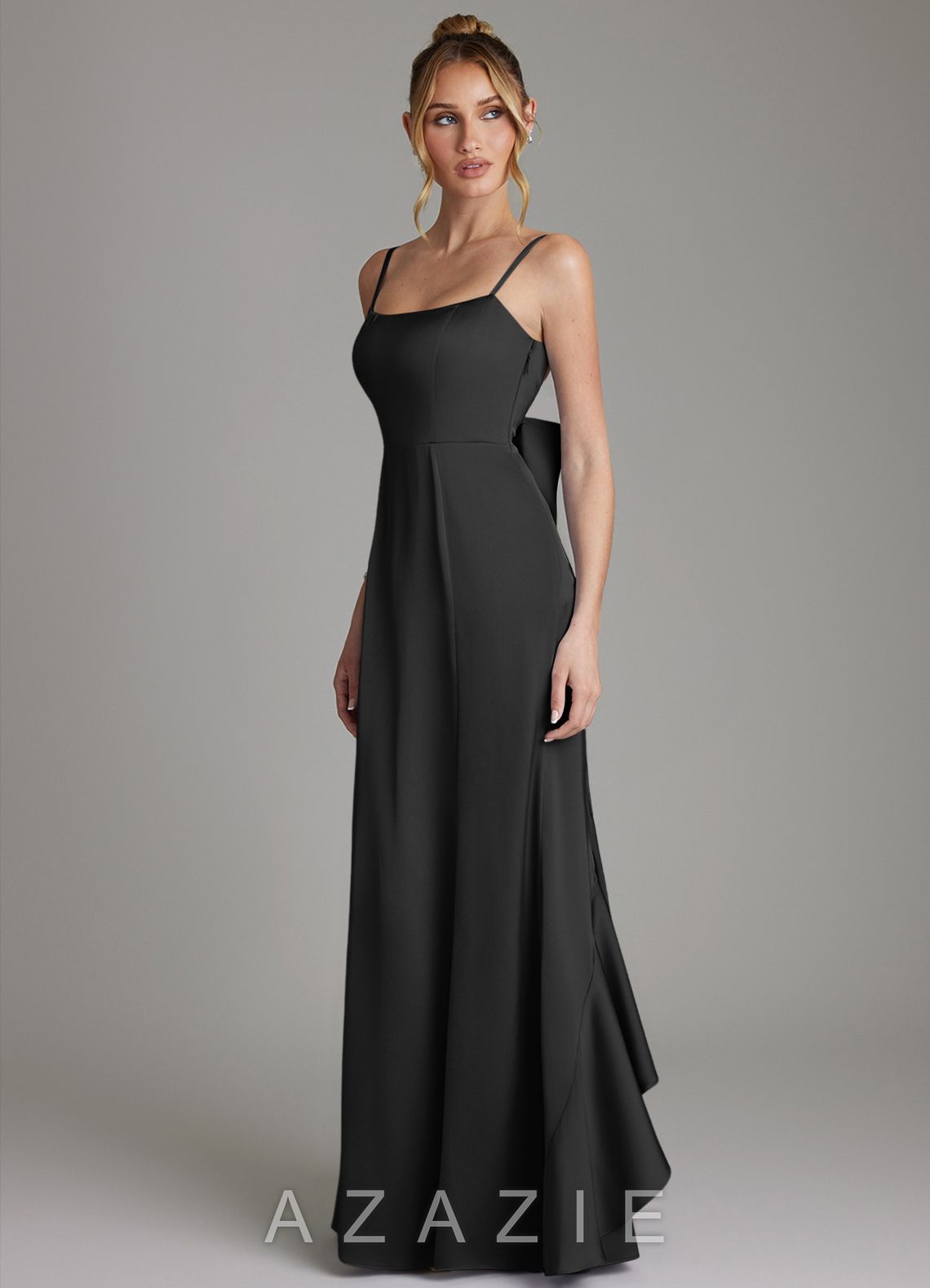 Azazie Zherra Black Mermaid Bow Stretch Satin Dress black
