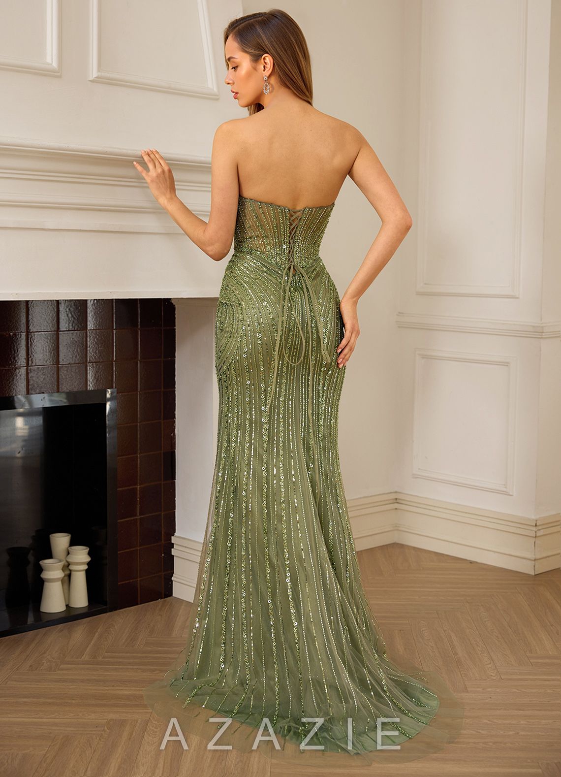 Katheron Green Beading Tulle Mermaid Corset Prom Dress  green