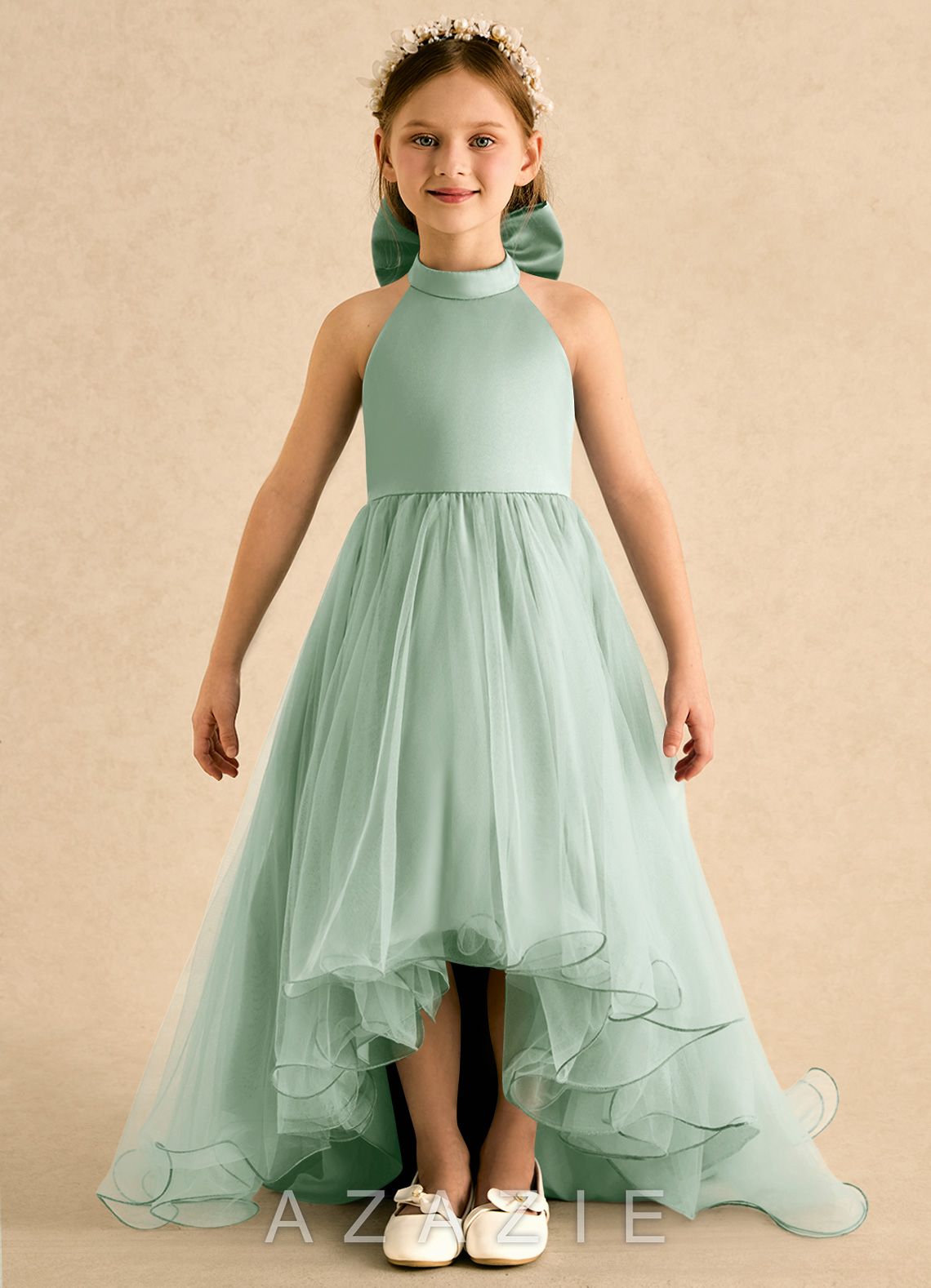 Azazie Melina Agave A-Line Pleated Tulle Dress agave