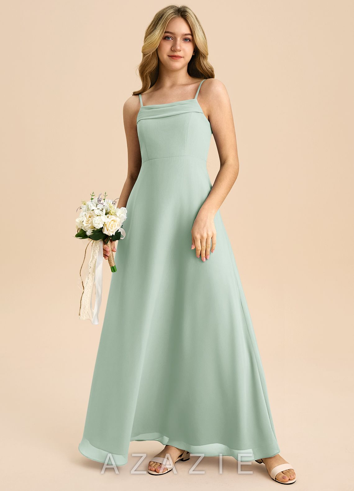 Azazie Anselie Junior Agave A-Line Off the Shoulder Chiffon Dress agave
