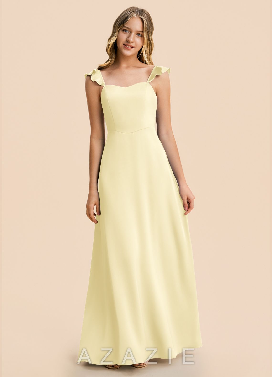 Azazie Mavie Junior Lemon Sorbet A-Line Ruched Stretch Satin Dress lemon_sorbet