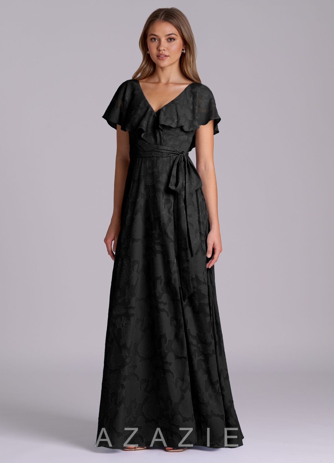 Azazie Lainey Black A-Line with Pockets Floral Burnout Dress black