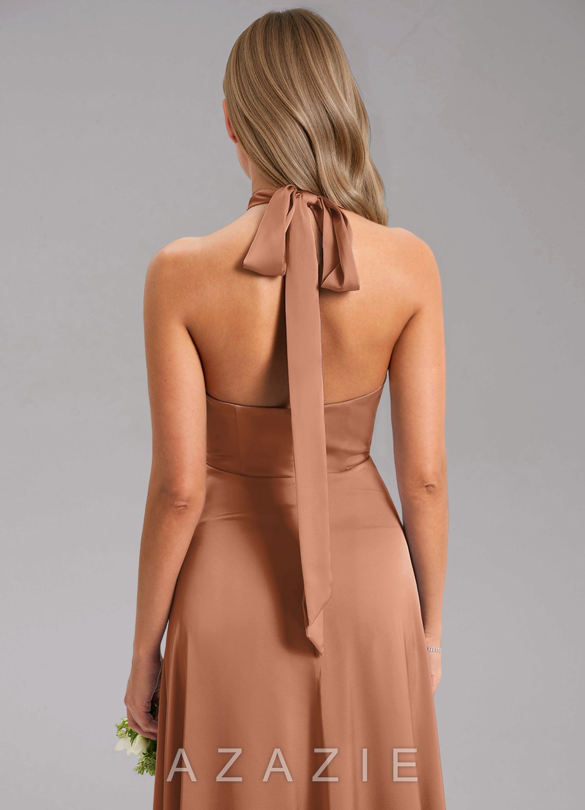 Azazie Tracie Bronzer A-Line Side Slit Stretch Satin Dress bronzer