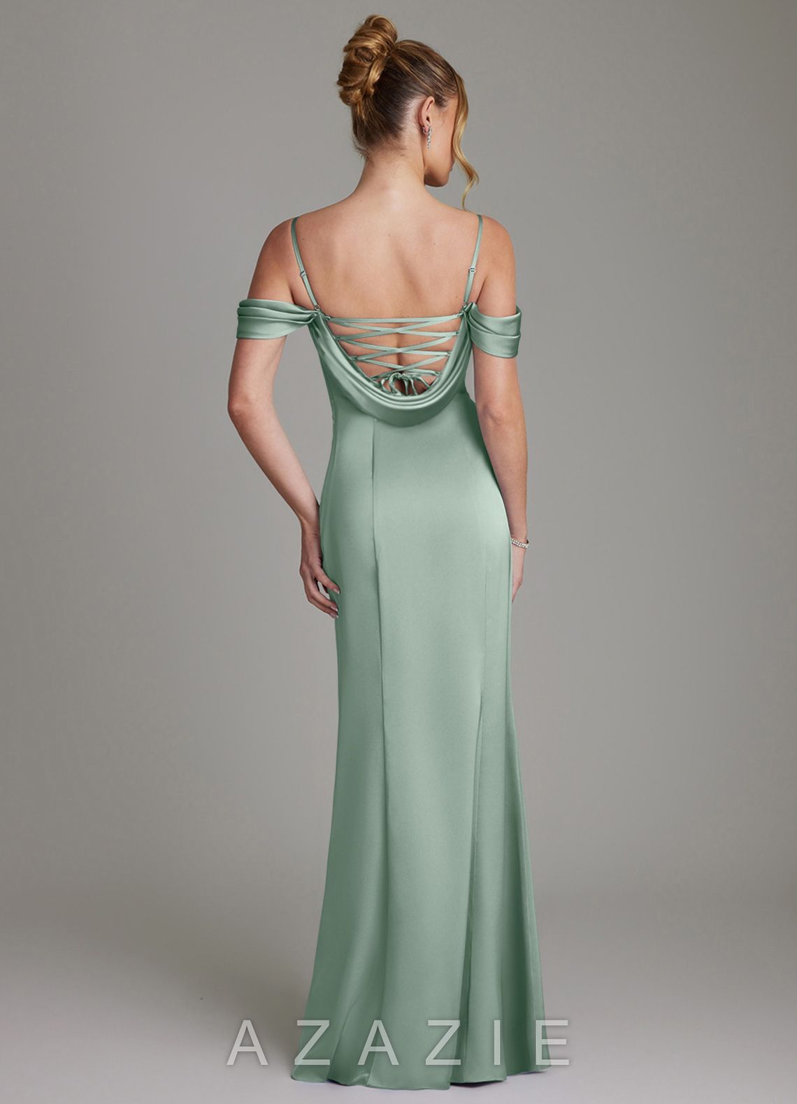 Azazie Nira Agave Mermaid Corset Stretch Satin Dress agave