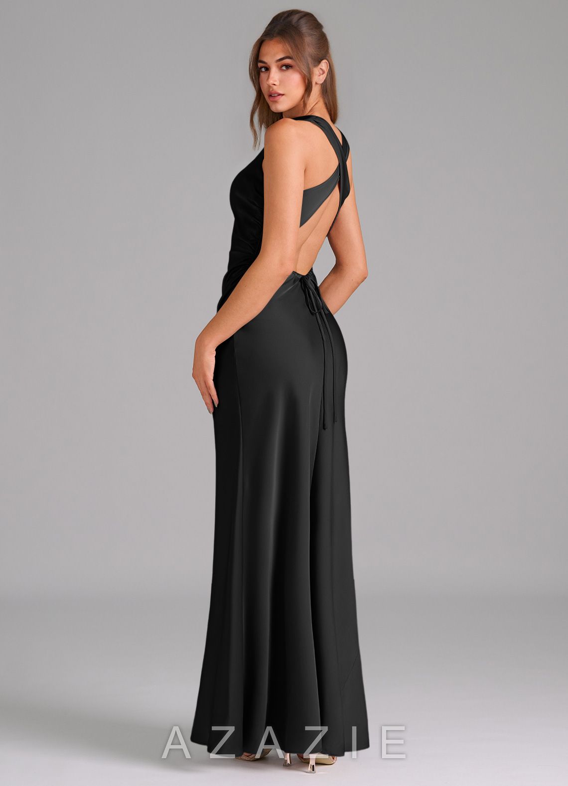 Azazie Evadne Black Sheath Pleated Stretch Satin Dress black