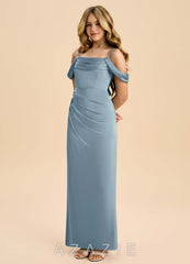Azazie Saige Junior Dusty Blue Sheath Off the Shoulder Stretch Satin Dress dusty_blue