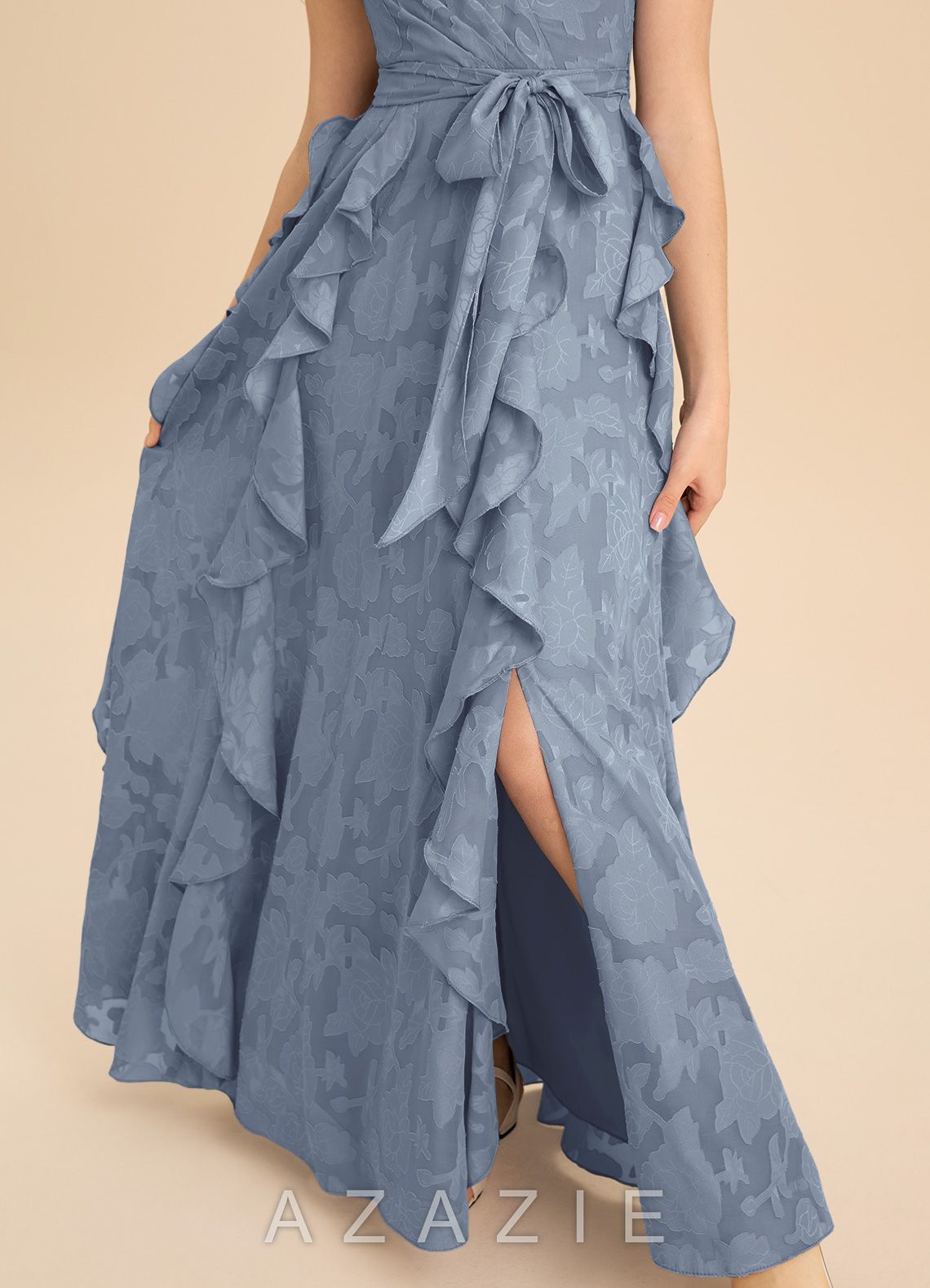Azazie Peyton Junior Dusty Blue A-Line Pleated Floral Burnout Dress dusty_blue