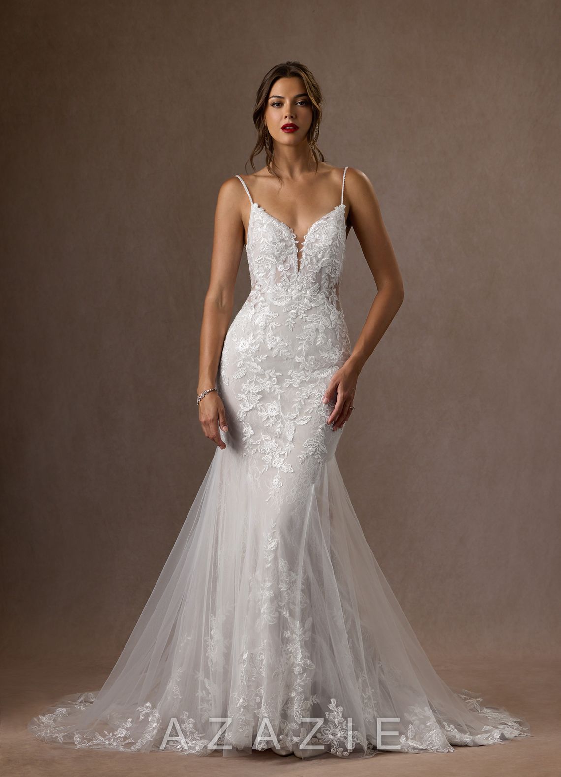 Azazie Leonie Wedding Dress Diamond White Mermaid V-Neck Sequins Tulle Dress diamond_white