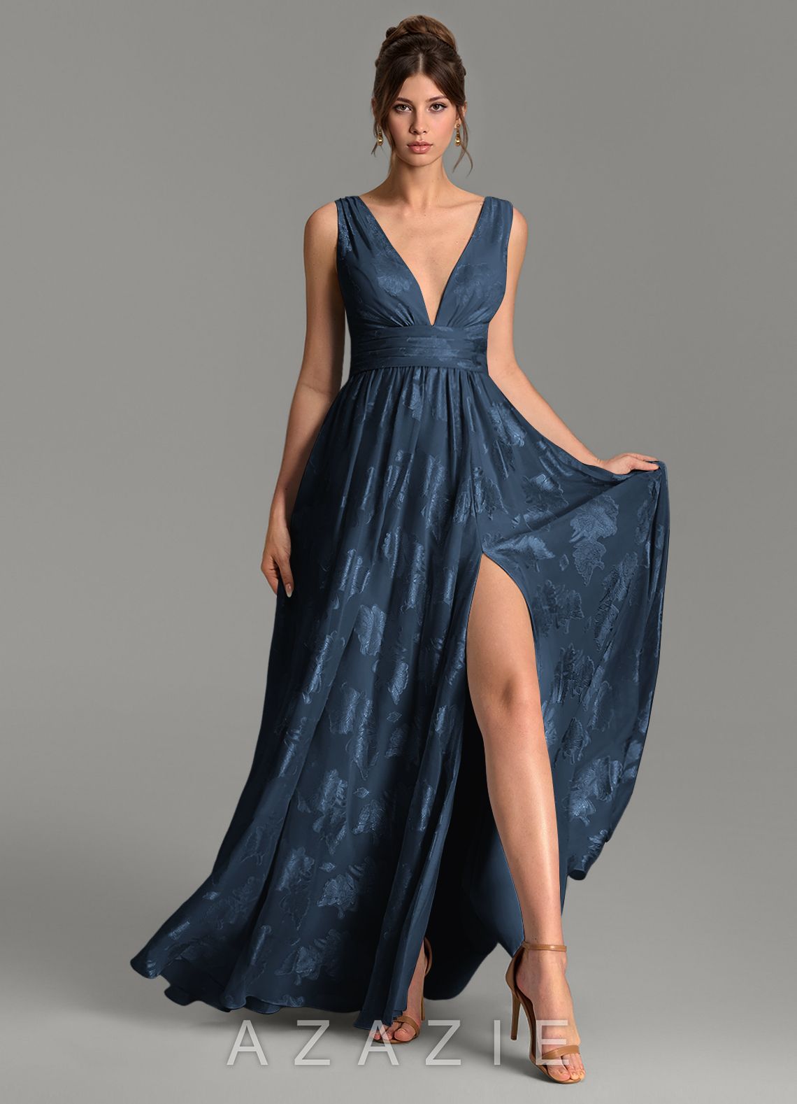 Azazie Vanessa Dark Navy A-Line Pleated Floral Jacquard Burnout Dress dark_navy