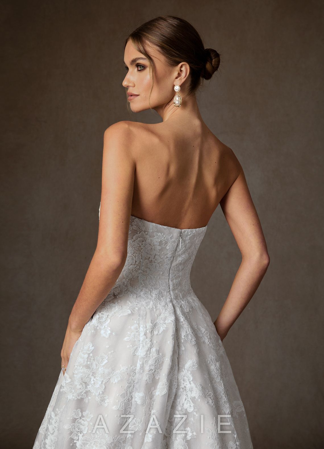 Azazie Layla Diamond White Ball-Gown Strapless Lace Dress