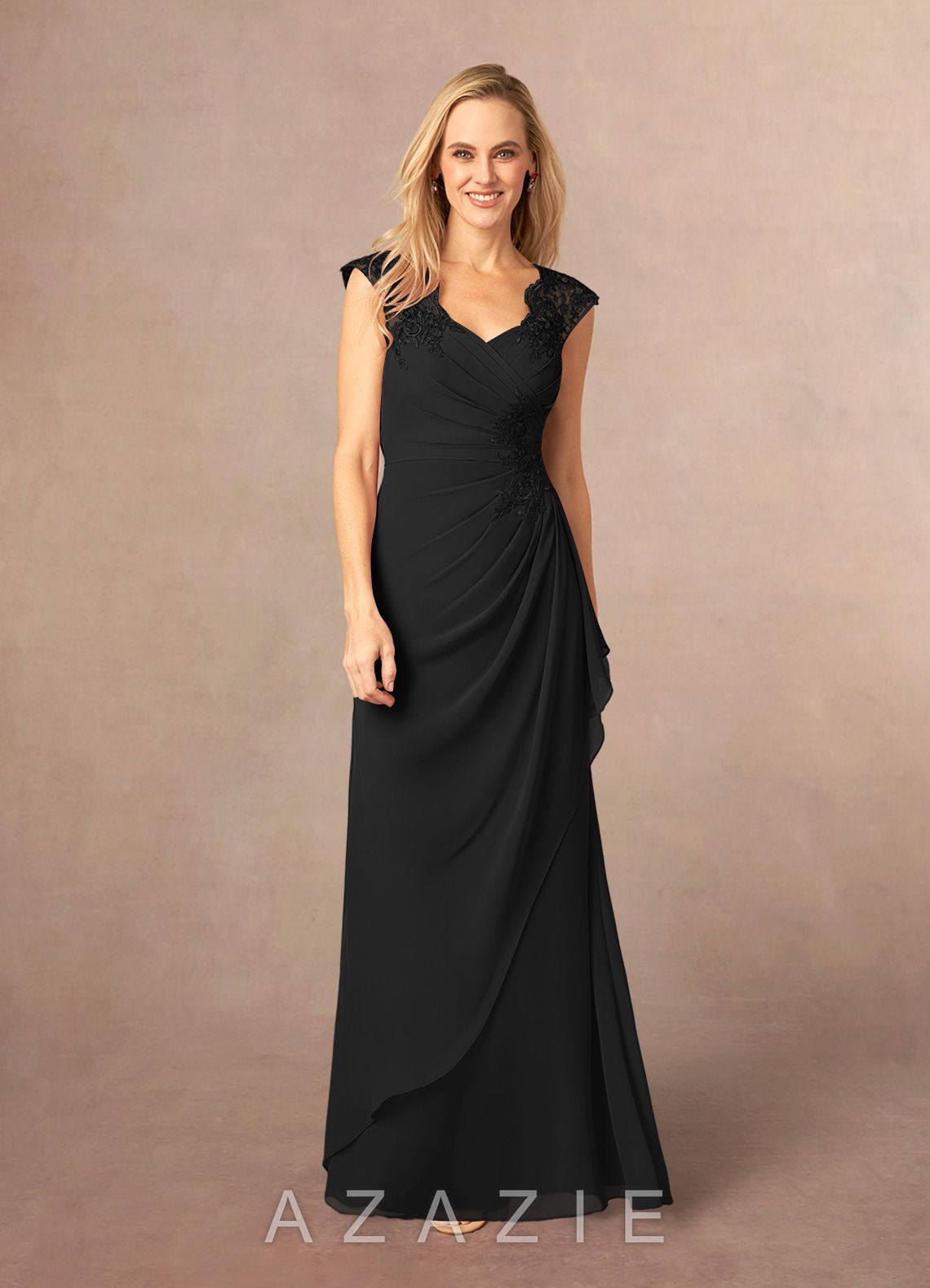 Azazie Gladys Black A-Line Queen Anne Lace Chiffon Dress