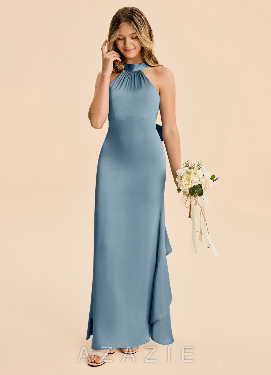 Azazie Ayah Junior Dusty Blue Mermaid High Neck Stretch Satin Dress dusty_blue