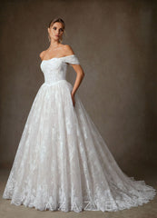 Azazie Justice Diamond White Ball-Gown Off the Shoulder Lace Dress