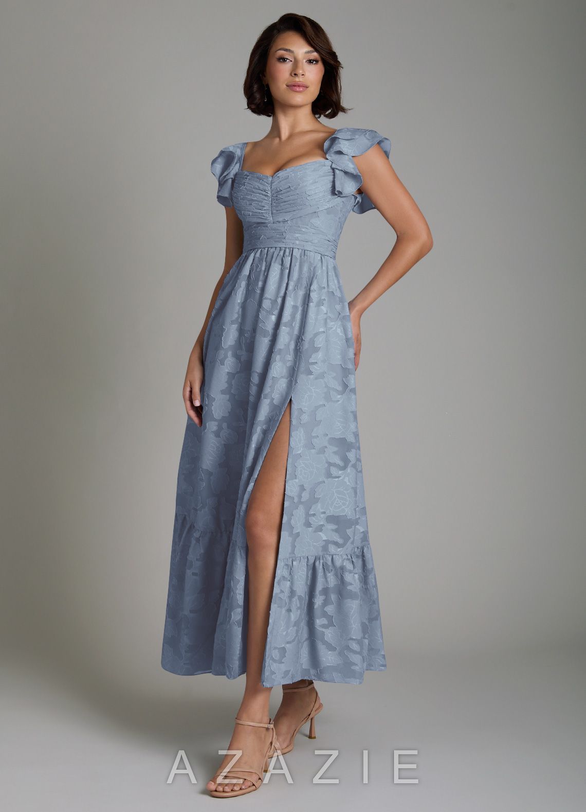 Azazie Anaya Dusty Blue A-Line Ruched Floral Burnout Dress dusty_blue