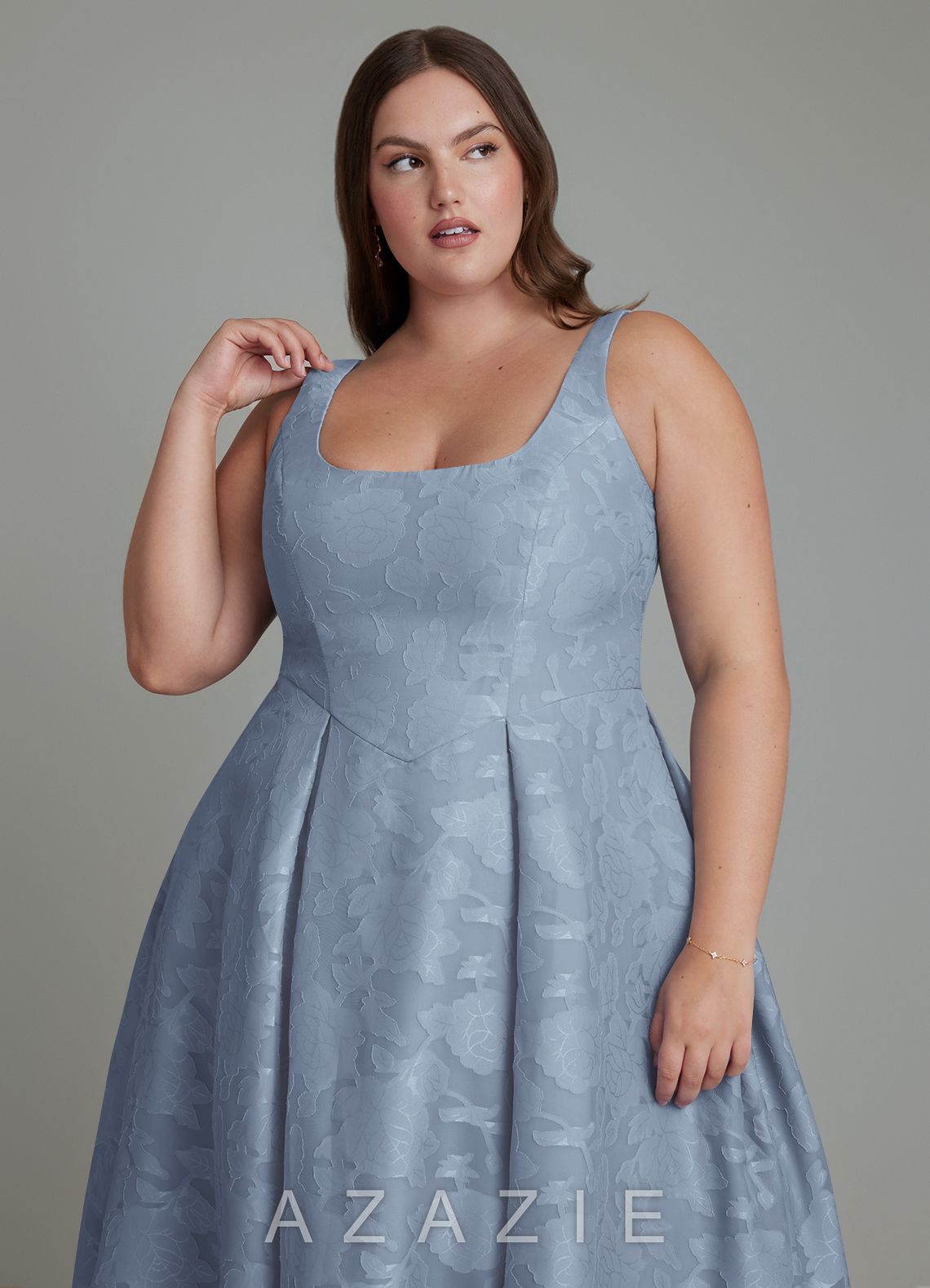 Azazie Amalie Dusty Blue A-Line Pleated Floral Burnout Dress dusty_blue