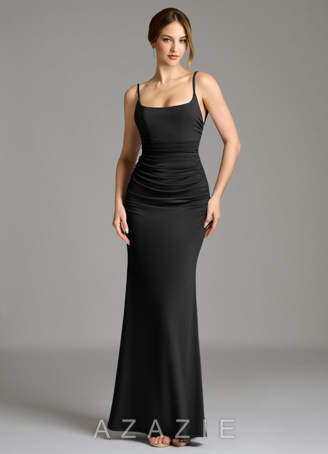 Azazie Jolene Black Mermaid Square Neckline Premium Stretch Jersey Dress black