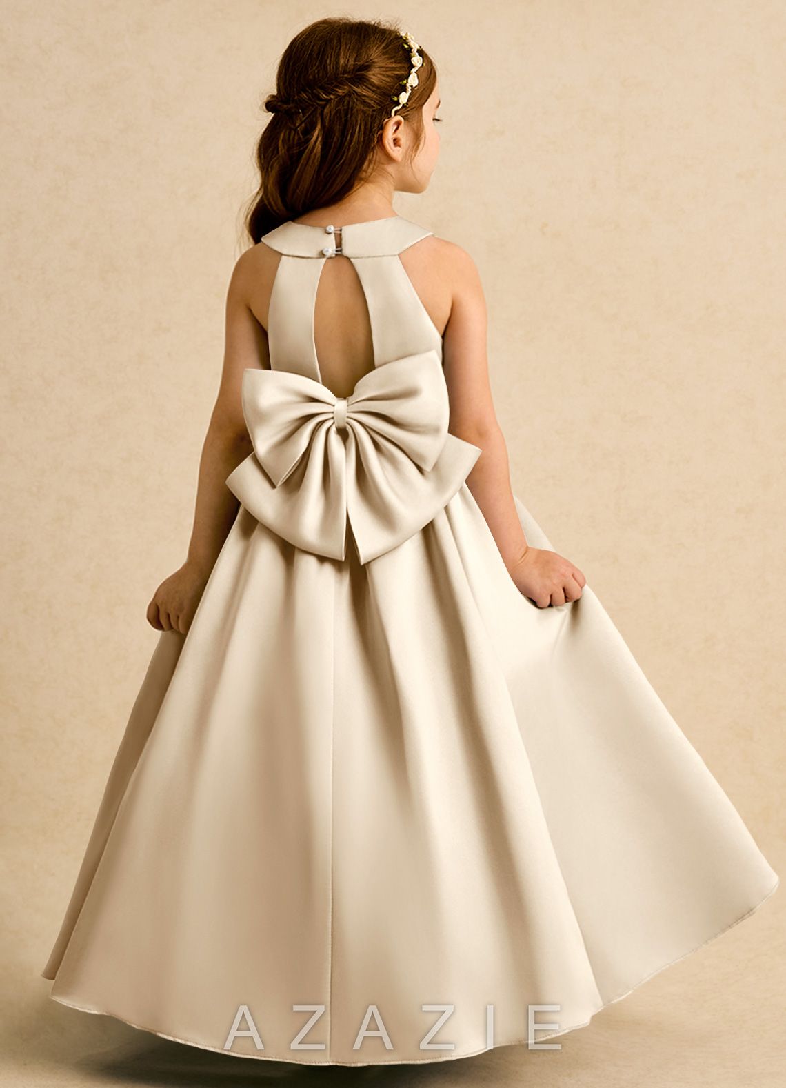 Azazie Daisies Champagne Ball-Gown Bow Matte Satin Dress champagne