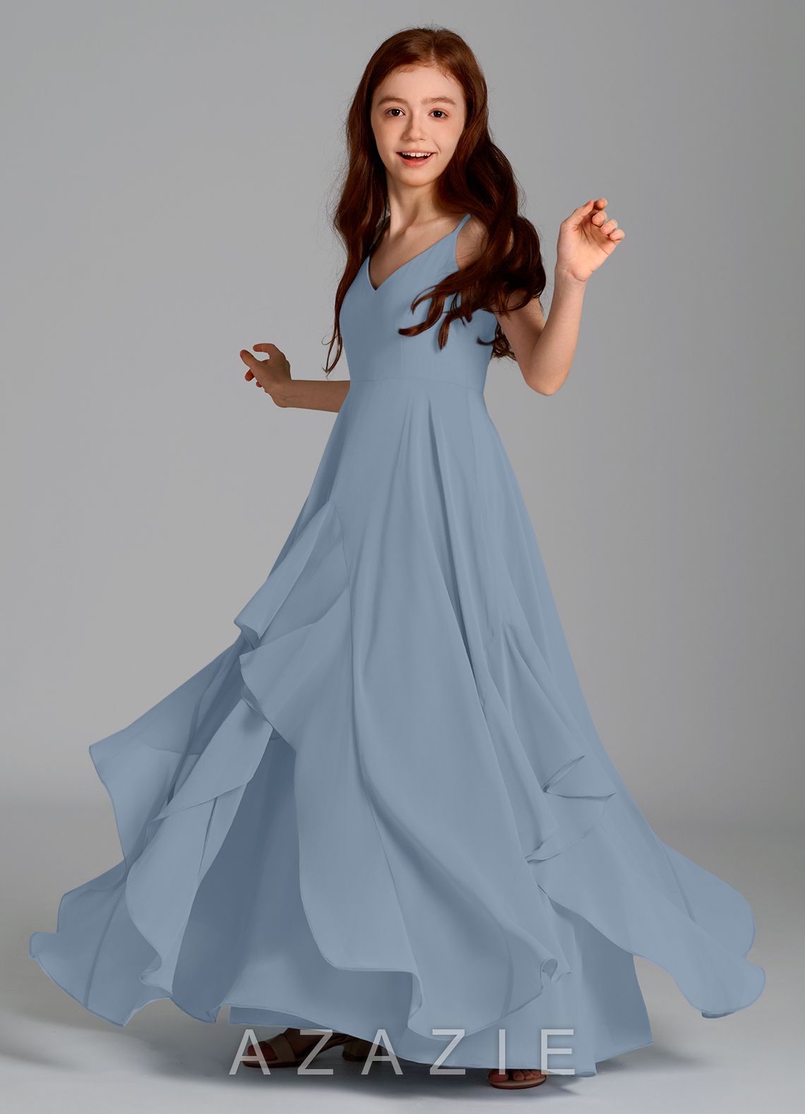 Azazie Karan Junior Dusty Blue A-Line Chiffon Dress dusty_blue