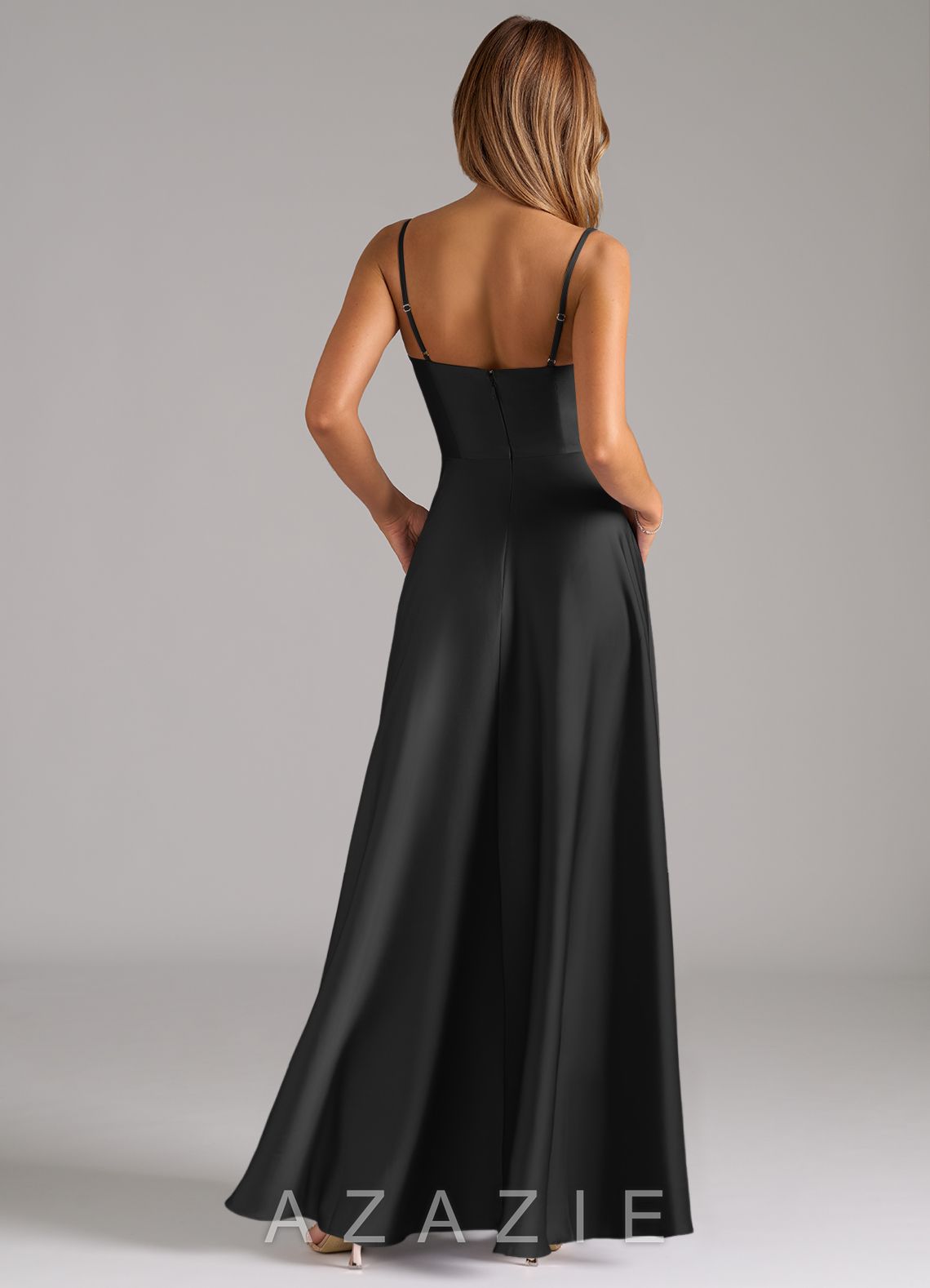 Azazie Elle Black A-Line Pleated Stretch Satin Dress black