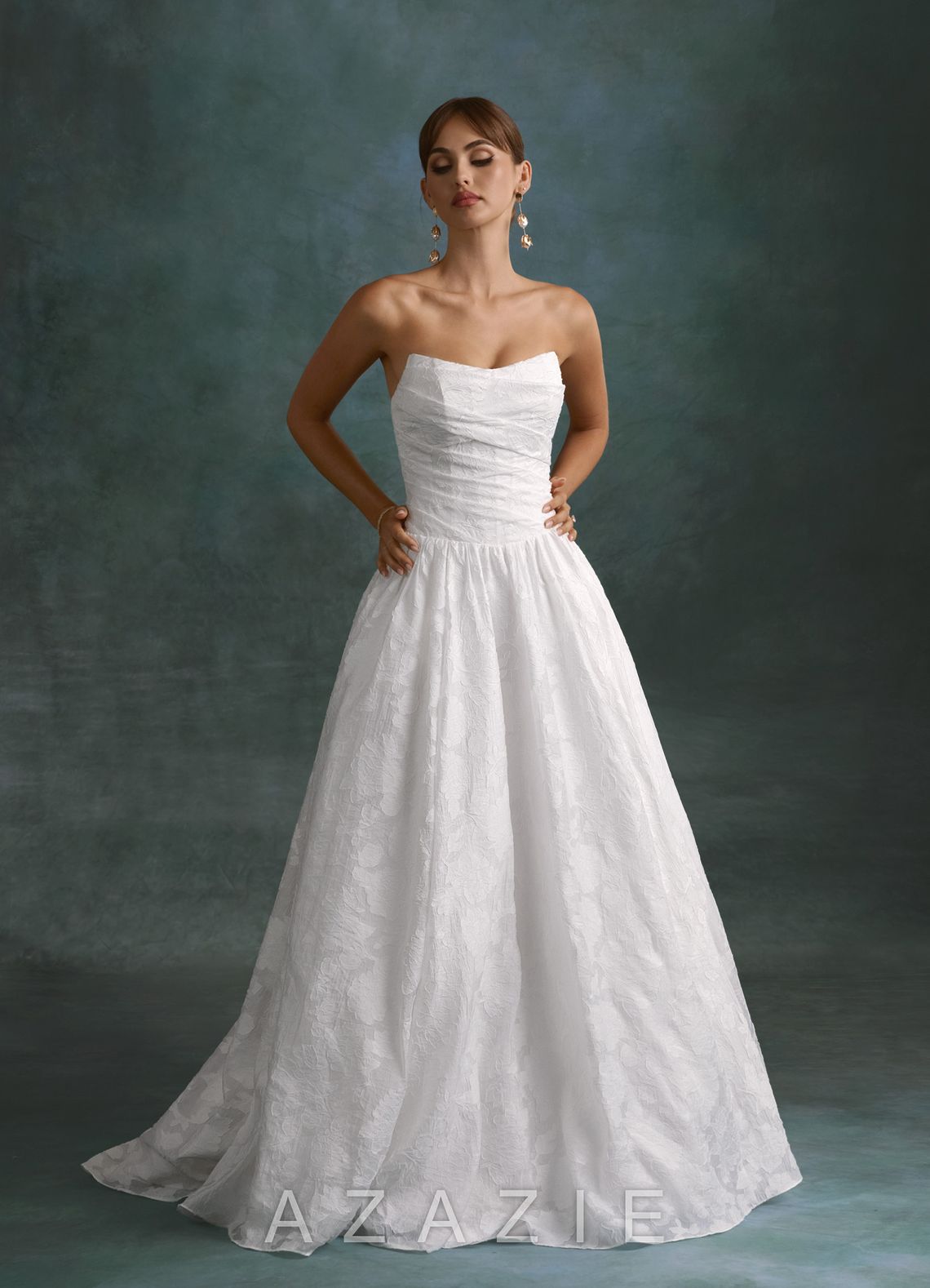 Azazie Nadine Diamond White A-Line Strapless Floral Burnout Dress